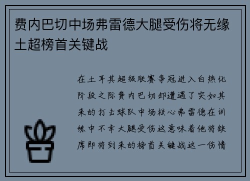 费内巴切中场弗雷德大腿受伤将无缘土超榜首关键战 费内巴切中场弗雷德大腿受伤将无缘土超榜首关键战